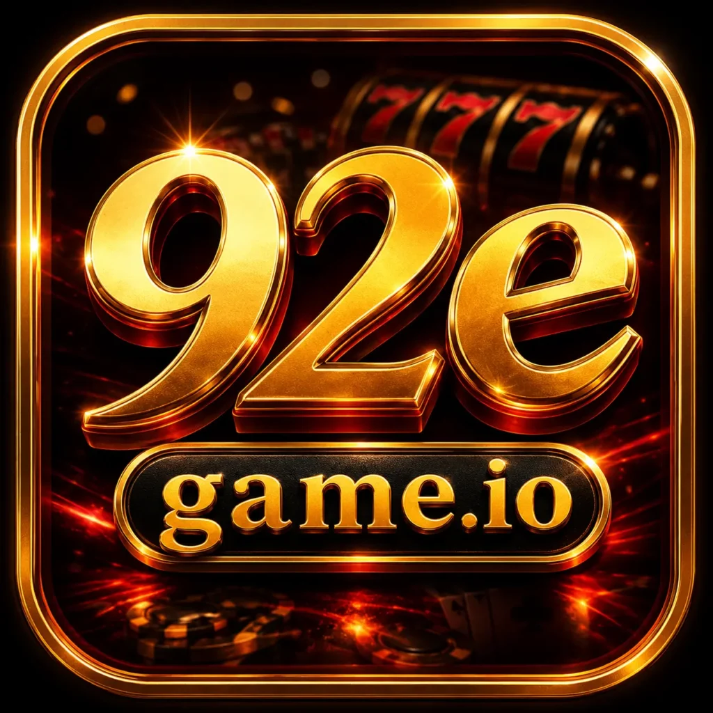 92EGame logo featuring premium gold 3D text on a black and red casino-themed background for online slots, live casino, and betting.